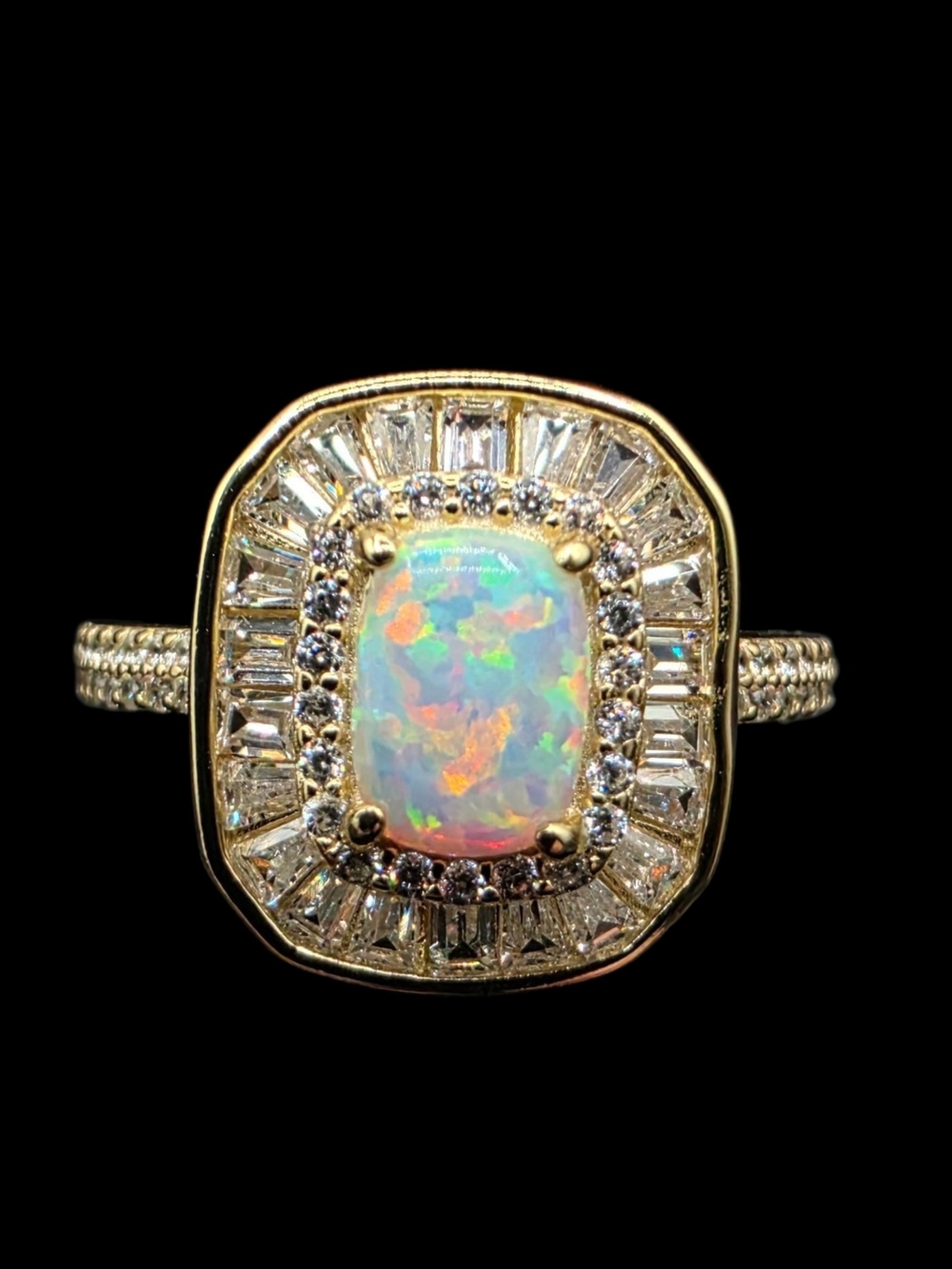 Solid 925 Sterling Silver 14K Gold Overlay Vintage Style White Opal Halo Ring